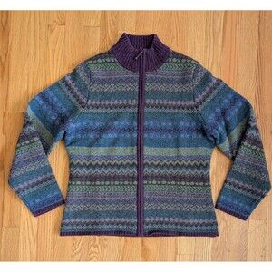 Woolrich Women’s Fair Isle full-zip Sweater Cardigan M Lambswool Purple Green